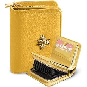 Bistup Credit Card Holder Wallet for Women Cute Leather Ladies Teen Girls Female Cardholder Wallets Accordion Purse Small Medium Aesthetic Print Yellow Unique Modern Design Rfid Zipper Around