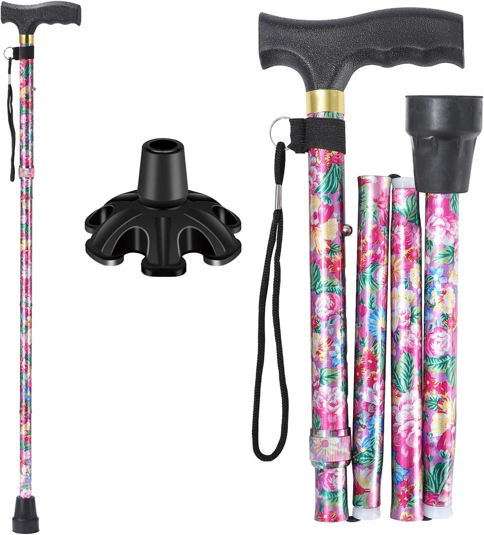 Walking Cane ATMTV Cane for Woman | Mobility & Daily Living Aids | 5-Level Height Adjustable Walking Stick | Comfortable Plastic T-Handle Portable Folding Cane with Replace Tip Purple Flower