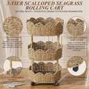 AceOrbit 3-Tier Scalloped Seagrass Wicker Rolling Storage Cart | Freestanding Rattan Rolling Basket Cart, Farmhouse Storage Shelf for Bedroom Bathroom Laundry Livingroom Home Decor