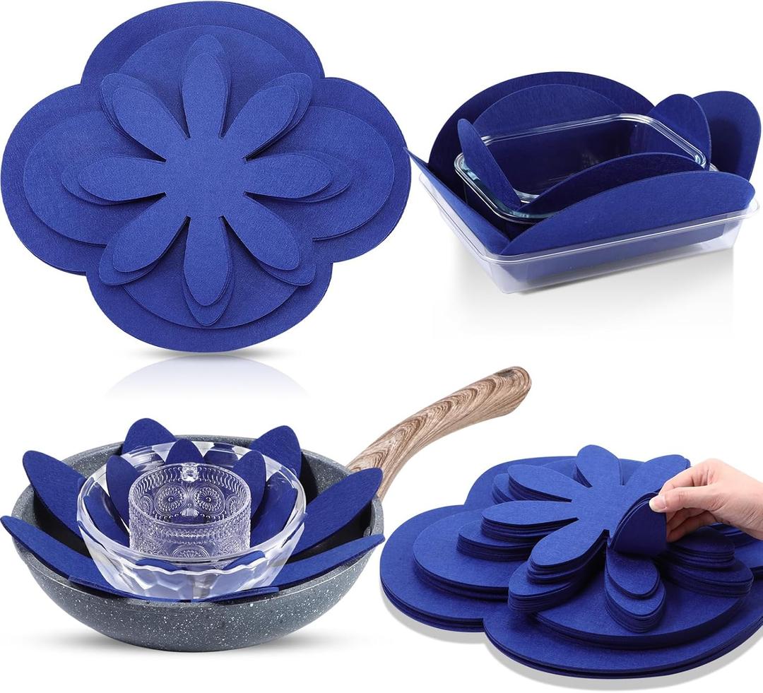 Queekay 36 Pcs Felt Pot Pan Protectors Dish Dividers Separators Bakeware Cookware Scratch Protectors Different Sizes, Thicker Pan Pads for Stacking Cookware Organizing Protecting(Dark Blue)