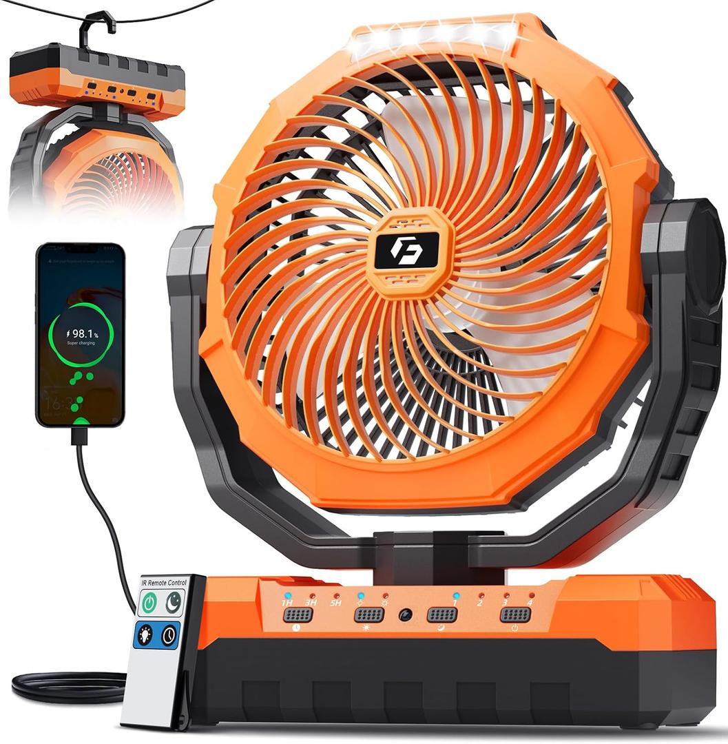 FRIZCOL 3-in-1 Camping Fan - Portable Fans Rechargeable - 24000mAh Battery Powered Fan with Light & Remote for Indoor, Outdoor, Tent, Travel, Fishing, Jobsite, Gifts for Men Dad Him - Orange, Large