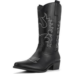 IDIFU Black Cowboy Boots for Women Cowgirl Western Mid Calf Embroidered Chunky Low Heel Pointed Toe Country Dress Cute Fashion Comfortable Boots Booties(Black Pu, 7.5)
