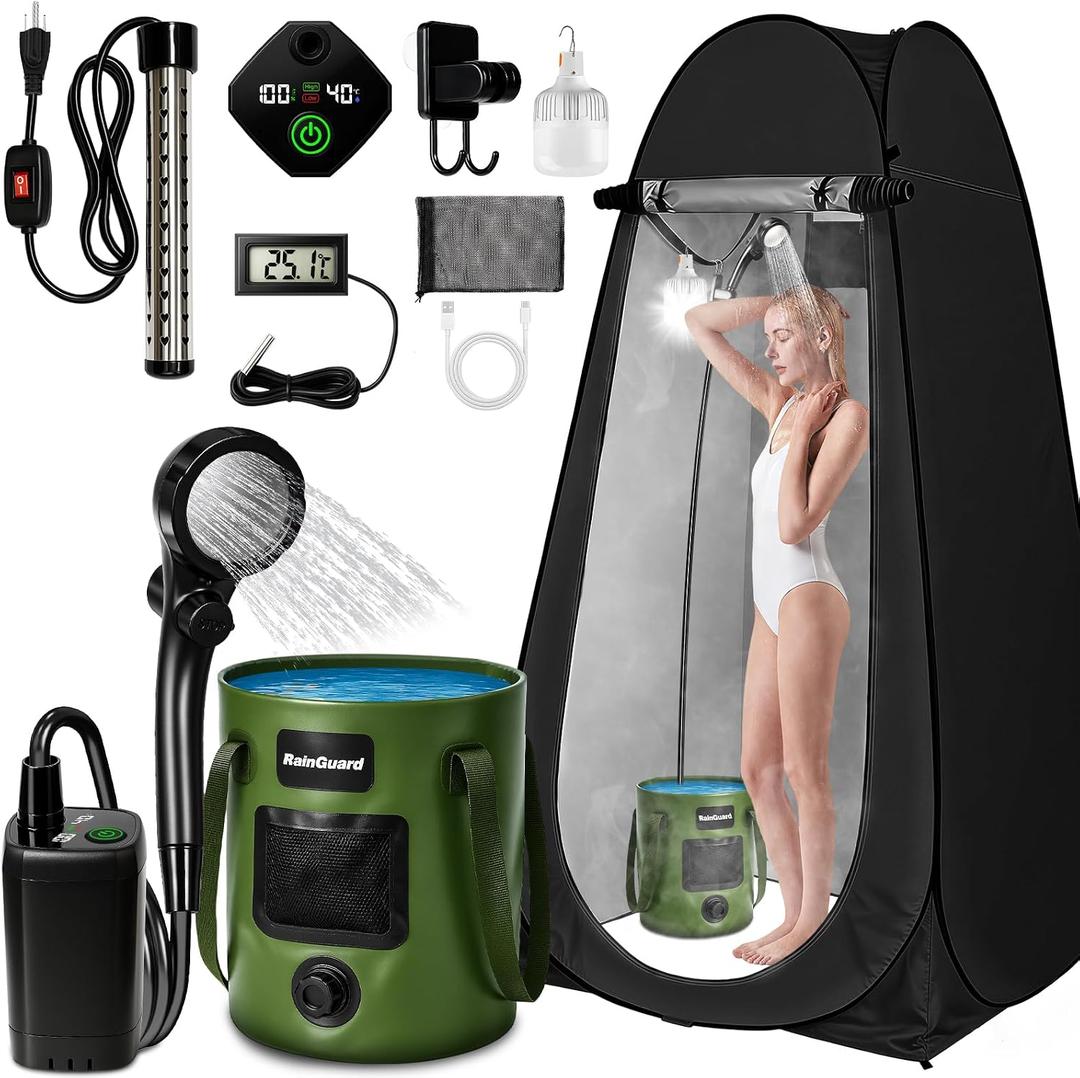 Portable Shower with Heater, Pop Up Camping Shower Privacy Tent Kit with LED Lights, 6000mAh Rechargeable Shower Pump, 6.6 Gal Foldable Bucket, Outdoor Camp Shower Kit for Travel, Pet Bath, Car Wash, Black