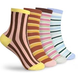 Ksriylm 4 Pairs Women Vintage Retro Striped Socks, Cute Ankle Fun Sock for Girls Cotton Knit Size 5-9, Medium Dress Novelty Colorful Casual Women’s Calf Socks(Blue, Red, Pink, Brown)