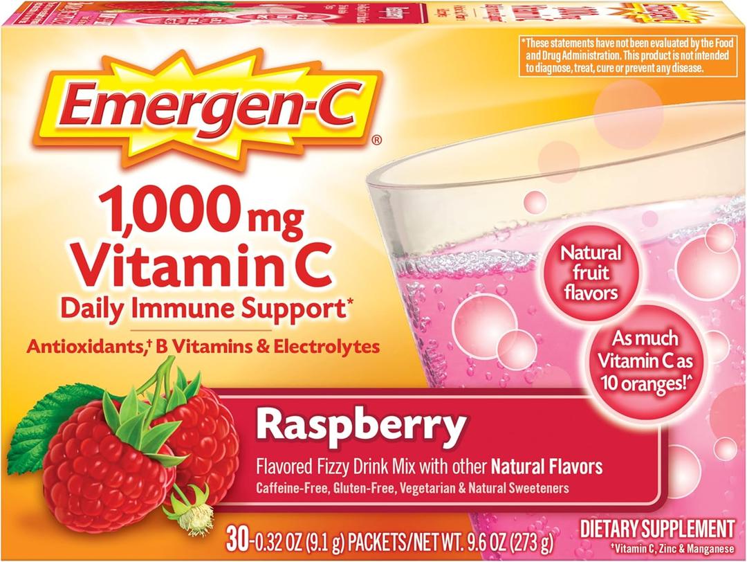 Emergen-C 1000mg Vitamin C Powder, with Antioxidants, B Vitamins and Electrolytes, Supplements for Immune Support, Caffeine Free Fizzy Drink Mix, Raspberry Flavor - 30 Count/1 Month Supply