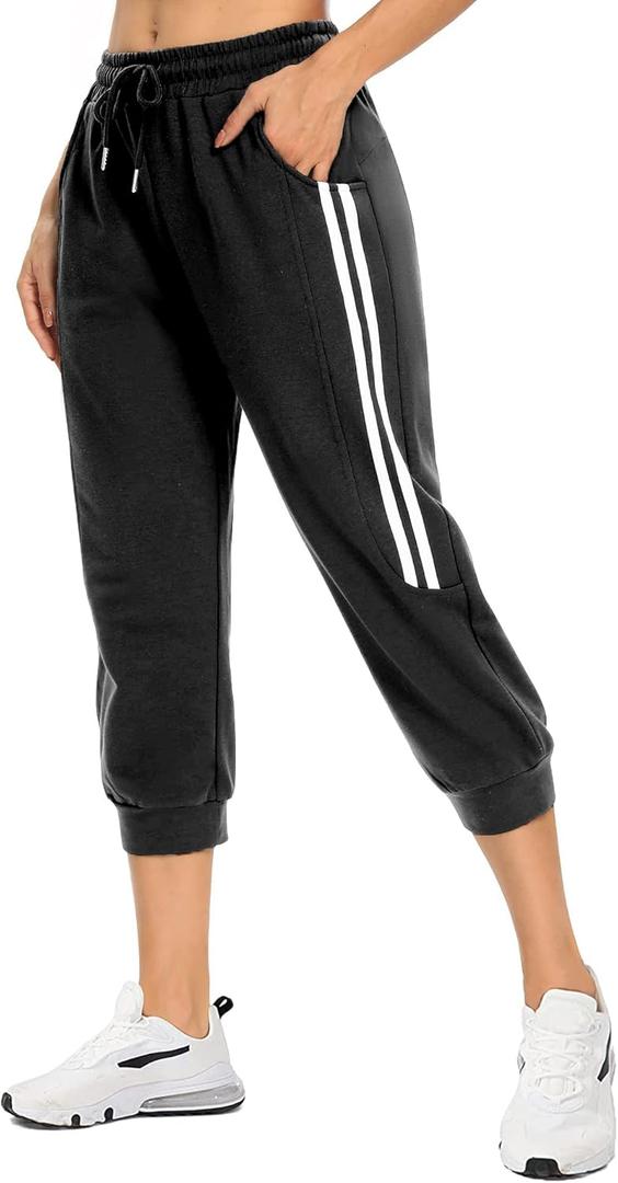 KaiDi Women's Capri Sweatpants - Casual Capri Pants with Pockets, Drawstring Workout Sweatpants for Yoga (Medium, Black)