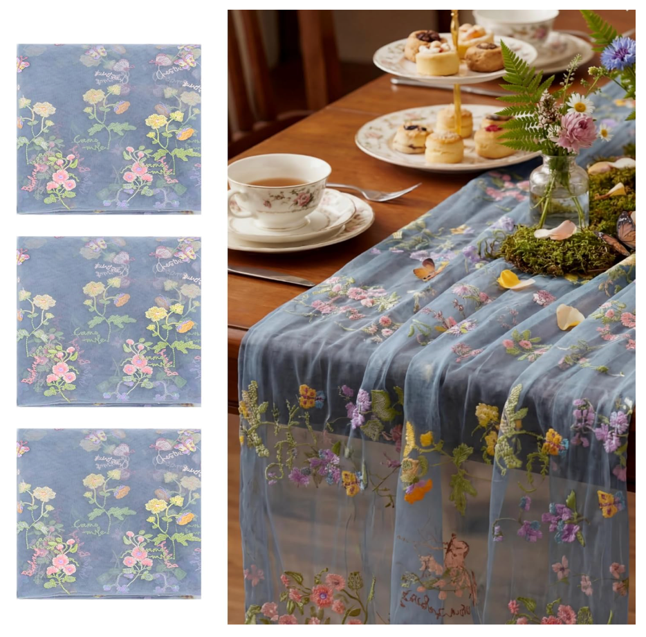 Windkream Blue Floral Table Runner 10ft Embroidery Tulle Spring Wildflower Table Runner Seasonal Summer Butterfly Kitchen Dining Gauze Decoration for Wedding Baby Bridal Shower Birthday Party (3 Pcs)