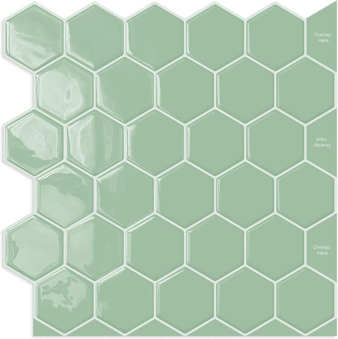 Sage Green Hexagon Peel and Stick Backsplash,12" x 12" Self Adhesive Back Splash Honeycomb Stick on Wall Tile for Kitchen,Bathroom,Fireplace,RV(10 Sheets)