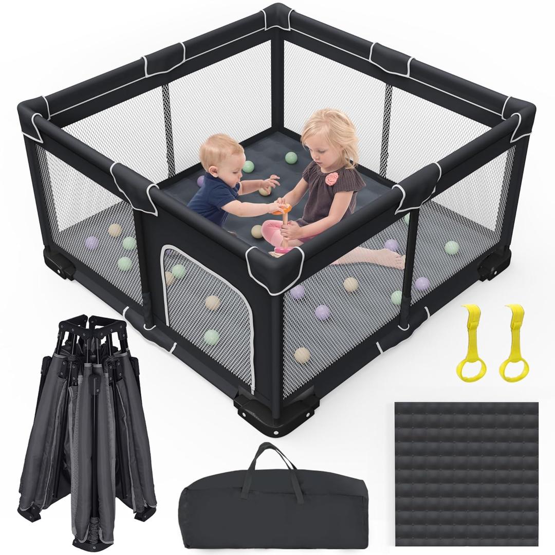 Foldable Baby Playpen with Mat, Foldable Playpen for Babies and Toddlers, Folding Portable Kids Play Pen, Collapsible Play Yard with 2 Handles + Suitable Size Mat(Black, 50x50 inches)