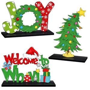 3 Pieces Christmas Table Signs Decorations, Green Elf Dog JOY Table Centerpiece Wooden Sign, Christmas Tree Tabletop Decor for Xmas Holiday Winter Party Indoor Tiered Tray Home Green Red