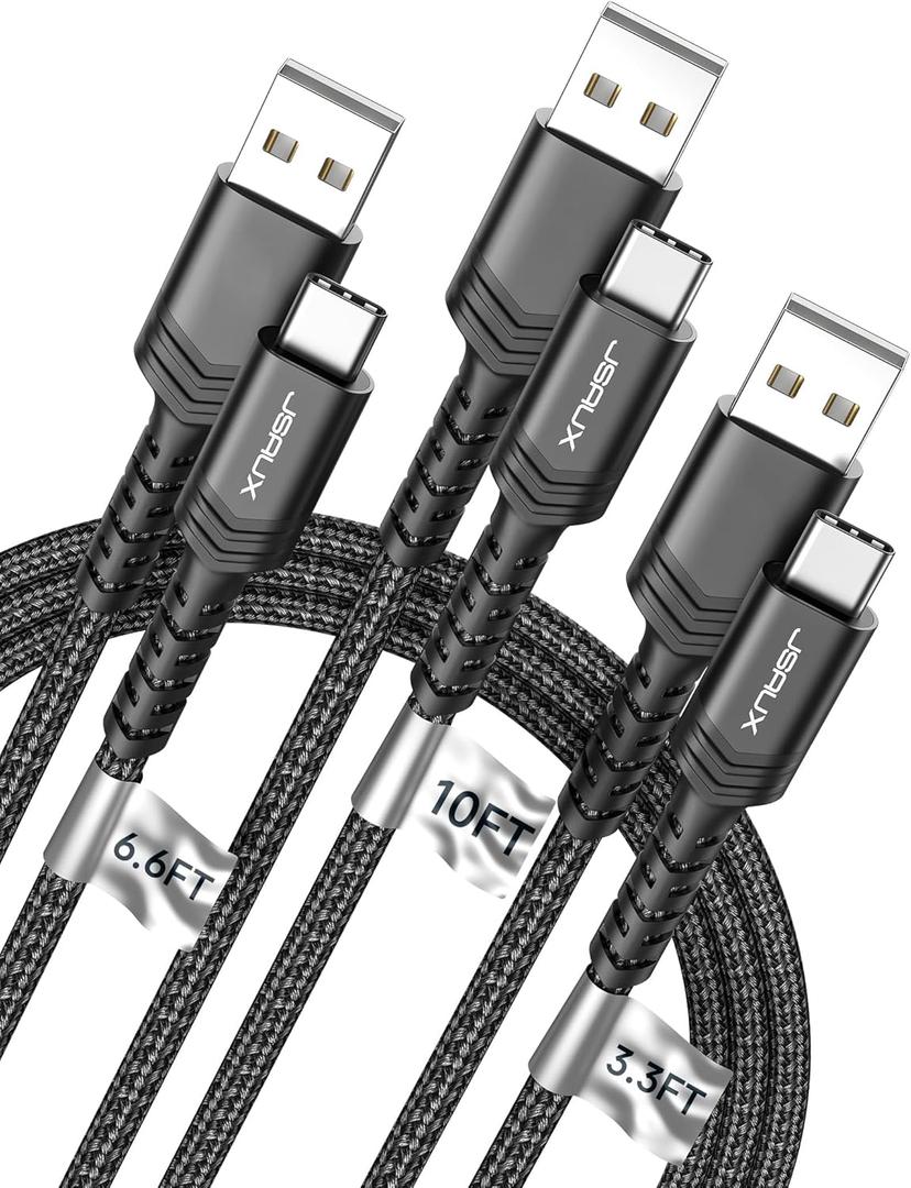 JSAUX USB C Cable 3.1A Fast Charging, 3-Pack (10ft+6.6ft+3.3ft) USB A to Type C Charge Cord Compatible with iPhone 16e/16 Pro/16 Pro Max/15, Samsung S24 S22 S20 Note 20, CarPlay, USB C Charger(Black)