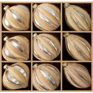 DN DECONATION Christmas Glass Ornaments, Flocked Velvet Hanging Ball Ornament with Assorted Sizes & Designs, Yellow Matte Ornament for Xmas Tree Decor Vintage Home Party (9PCS) (Set of 9, Light Gold)