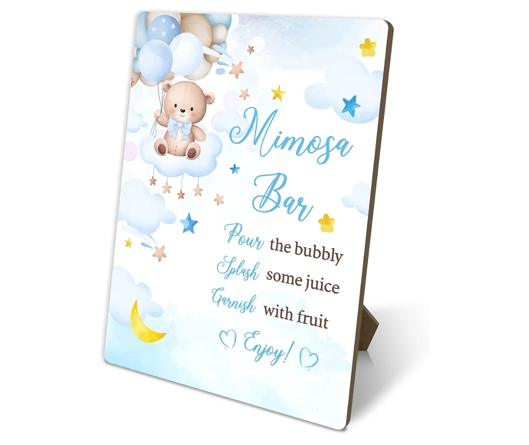 Bear Balloon Mimosa Bar Sign, Baby Shower Supplies, Bar Sign For Gender Reveal Party Wedding Reception Event Party, Bridal Shower Decorations, 8x11 Inches Tabletop Decor, Wood Sign With Stand, b12