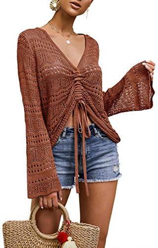 Saodimallsu Womens Boho Off Shoulder Sheer Crop Tops Bell Sleeve Flowy Oversized Crochet Ruched Pullover Sweaters Brick Red Small