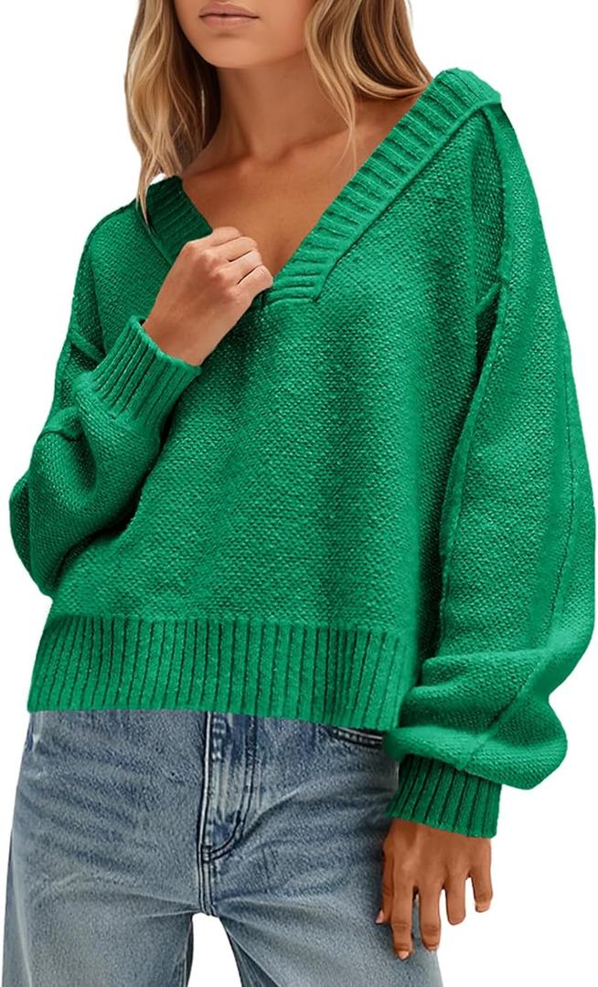 Saodimallsu Womens V Neck Pullover Sweaters Casual Knit Long Sleeve Loose 2025 Fall Cropped Tops (Small, Green)