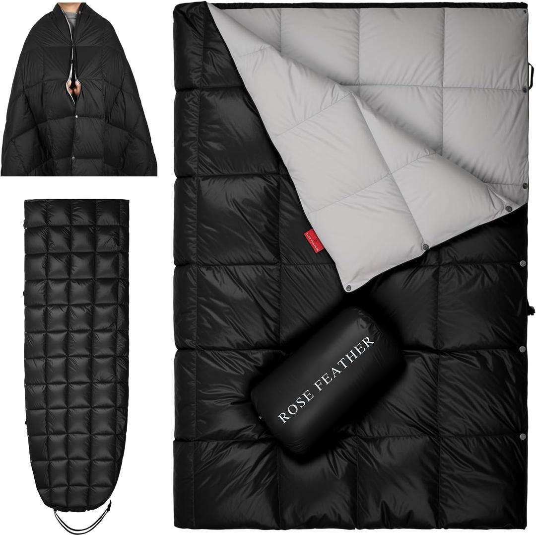 Down Camping Blanket - Lightweight, Packable, Warm & Puffy Outdoor Travel Quilt for Sleep, Hiking, Backpacking, Stadium, Festivals, Water-Resistant Sleeping Bag 55"x79" (Midnight Black)