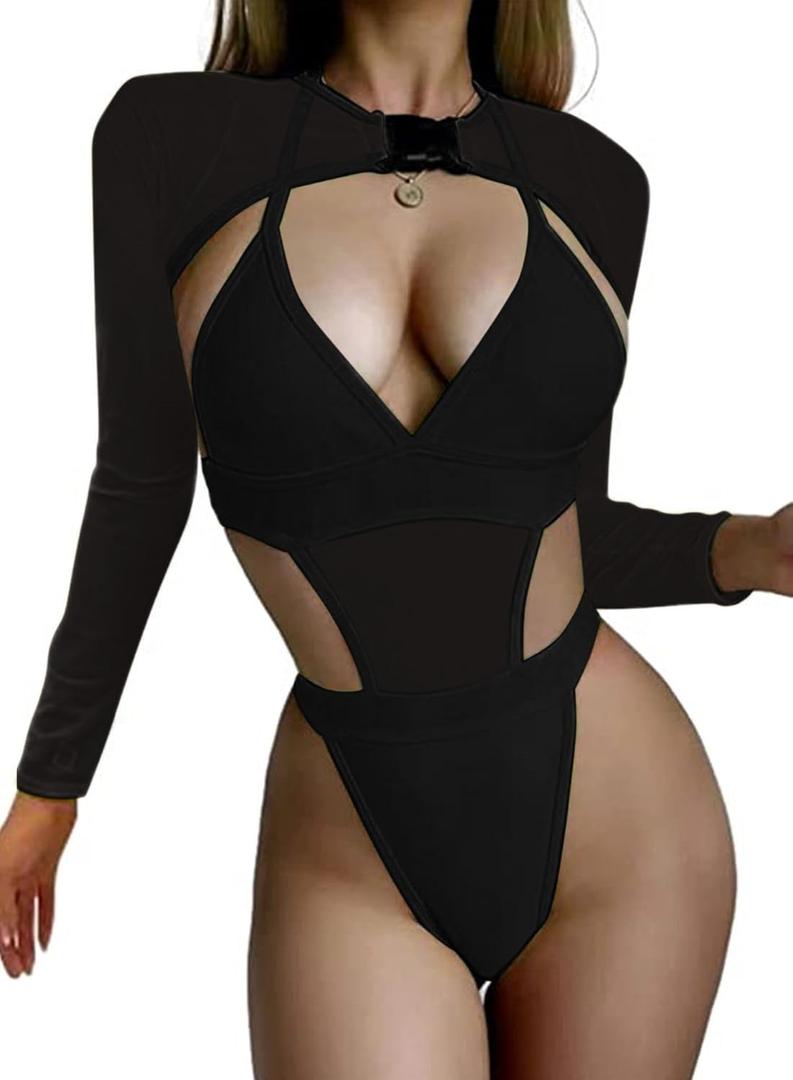 Rave Outfits for Women - EDC Festival Neon Bodysuit Concert Swimsuit Mesh Buckle Crop Top Club Party 2 Pcs Set (Large, Black)