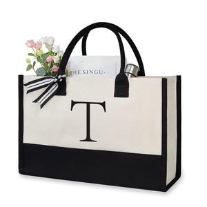 Personalized Initial Canvas Beach Bag, Monogrammed Gift Tote Bag for Women