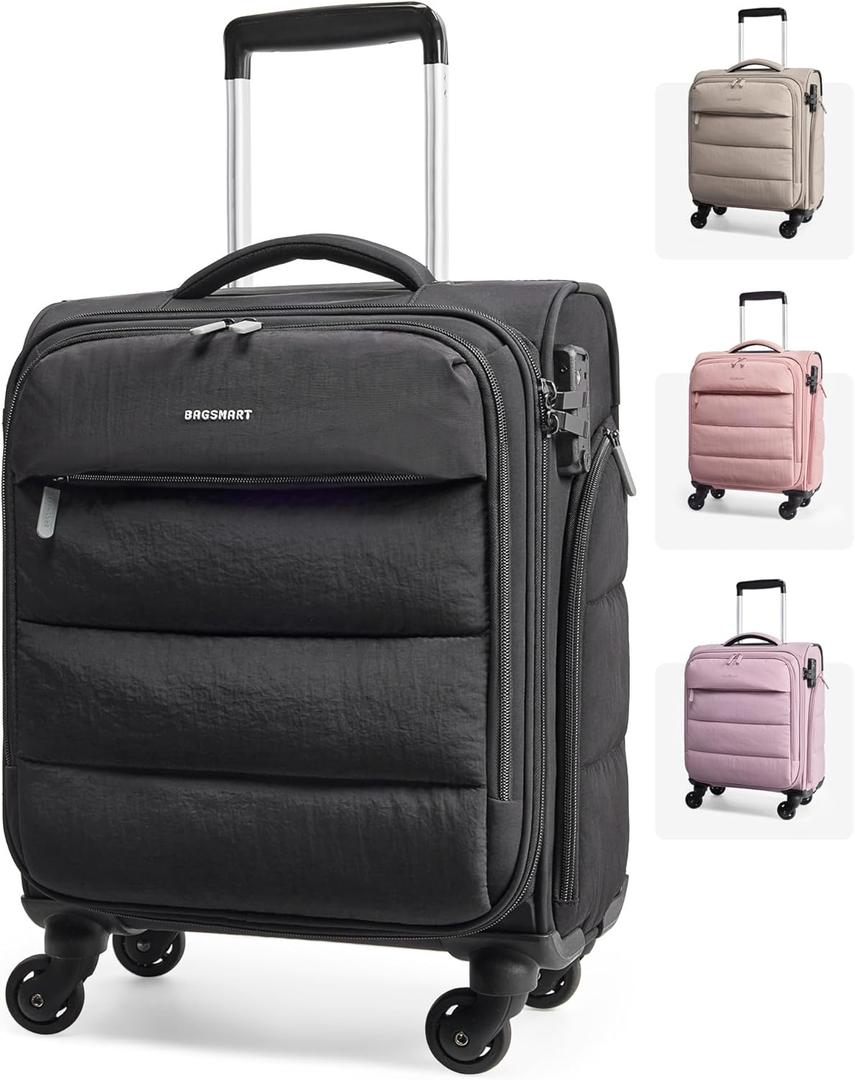 BAGSMART Underseat Carry on Luggage with Wheels, Soft Small Travel Luggage with PVC Wet/Dry Pockets, Lightweight Soft Personal Item Suitcase for Short Trip, Black, 16-inch