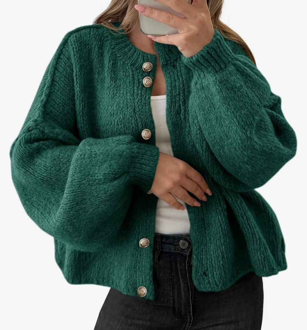 Saodimallsu Womens Oversized Cardigans Button Up Long Lantern Sleeve Chunky Knit Casual Soft Fall Sweater Coats