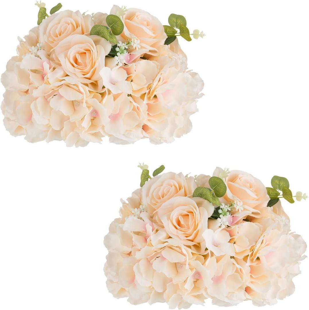 NUPTIO Flower Ball Arrangement Bouquet: 2 Pcs 11.8 inch Diameter Champagne Rose Fake Flowers Balls for Wedding Centerpiece Decorations Artificial Flower Centerpieces for Tables