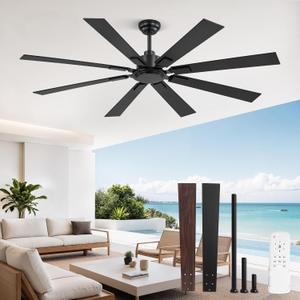 ZMISHIBO 65 Inch Outdoor Ceiling Fans No Light with Remote, Damp-Rated | Humidity-Resistant 8 Blade, 6-Speed Reversible DC Motor, Black Modern Ceiling Fan Without Light for Patio Porch Gazebo Garage