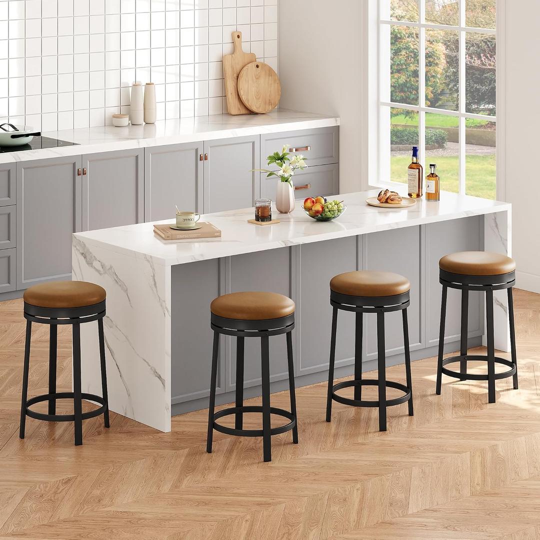 GAOMON 24'' Backless Round Swivel Bar Stools Set of 4, Brown, 4PC