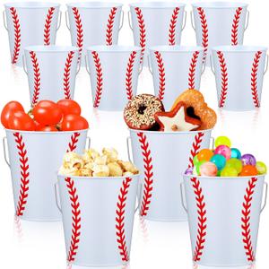 Wenqik 12 Pcs Baseball Metal Bucket with Handles Baseball Small Metal Bucket Mini Tin Pail Container Party Supplies for Kids Boys Girls Cookies Candy Snack Sport Party Favor Decorations