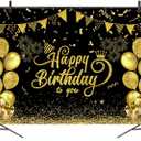 7x5ft Happy Birthday Backdrop Black and Gold Glitter Balloon Fireworks Sign Birthday Photo Backdrop Background for Birthday Party Decoration Supplies Banner Photoshoot Photography Background