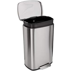 Amazon Basics Smudge Resistant Rectangular Trash Can With Soft-Close Foot Pedal, Brushed Stainless Steel, 50 Liter/13.2 Gallon, Satin Nickel Finish, 16.7"L x 14.7"W x 25.9"H