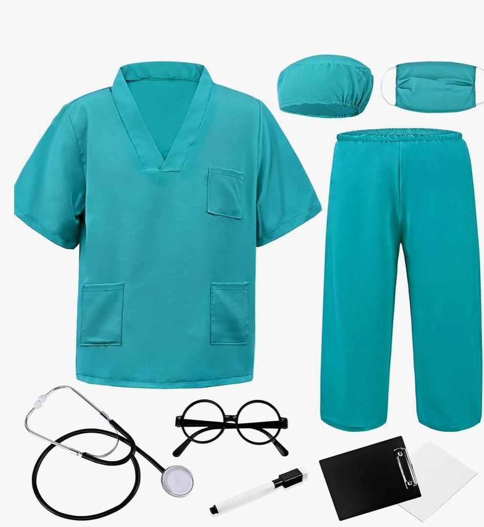 Doctor Costume for Kids & Toddlers 9Pcs Scrubs Set for Boys & Girls Ages 3-12, Halloween, Career Day, Dress-Up Play