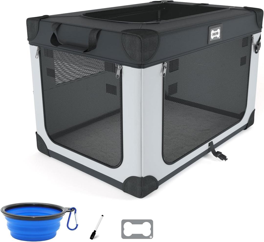 42 Inch Collapsible Soft Dog Crate for Extra Large Dogs, 3-Door Foldable Travel Dog Kennel with Durable Mesh Windows for Indoor & Outdoor, with Warm Blanket and Foldable Bowl