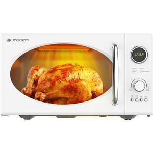 Emerson MWRG0901W 0.9 Cu. Ft. Retro Microwave with 1,000W Grill Function, 800W Cooking Power, LED Display, 5 Power Levels, 8 Auto Menus, Glass Turntable, Child Lock, White Countertop Design