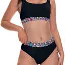 Beautikini Period Swimwear for Teens Two Piece Menstrual Leakproof Swimsuit Bikini Set Mid Waist Print Bathing Suit for Girls, XS