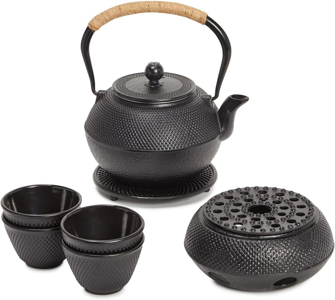 Juvale Tea Kettle Stovetop Japanese Cast Iron Tetsubin - 40 oz, Black - Cast Iron Tea Set & Teapot with Loose Leaf Infuser, Warmer & 4 Cups, Trivet