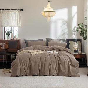 FOSSA Duvet Cover Set 100% Washed Cotton Linen Feel Super Soft Breathable Cozy 3 Pieces Bedding Sets Solid Pale Brown King (King (104"  90"))