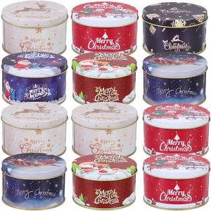 Christmas Cookie Tins Set of 12 Round Nesting Tins, Christmas Tin Box Decorative Christmas Metal Tins with Lids, Holiday Containers Tinplate Boxes for Xmas Holiday Party Supplies