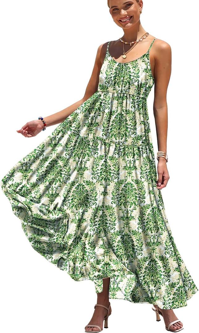 YESNO Summer Bohemian Floral Dresses for Women Spaghetti Straps Maxi Dress Casual Flowy Dresses with Pockets ES0 (Green, S)