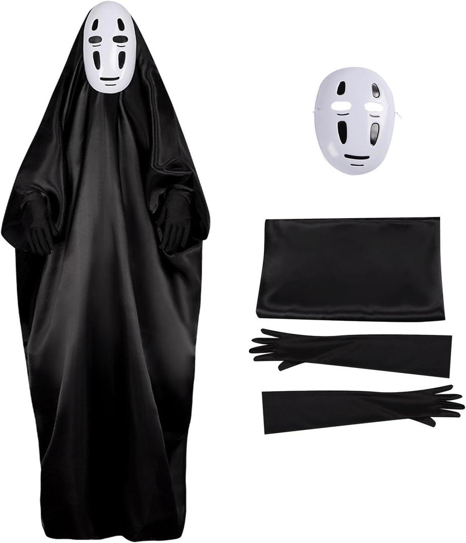 No Face Man Kaonashi Cosplay Costumes Halloween Outfits Full Set Costume Suit With Mask+Clothes+Gloves (Large, Black)