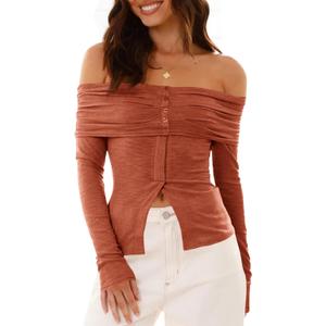 Cicy Bell Womens Off The Shoulder Tops Cute Long Sleeve Slim Fit Ribbed Ruched Shirt 2024 Fall Y2k Clothes (Large, Brick Red)