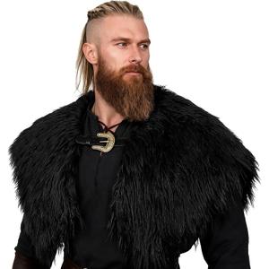 Joukavor Viking Faux Fur Collar with Belt Buckle Medieval Knight Shoulder Wrap Warrior Cape Winter Shawl LARP Cosplay Costume (Black)