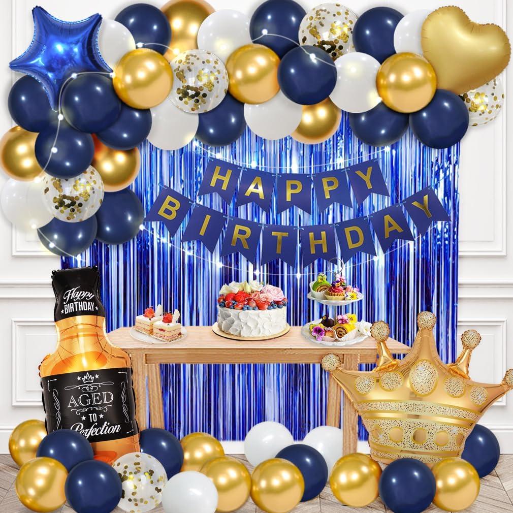Navy Blue Birthday Decorations for Men with Happy Bithday Banner, Curtains, Bottle, Crown, Heart Star Balloons and LED light for Birthday Party Supplies(Navy-blue)