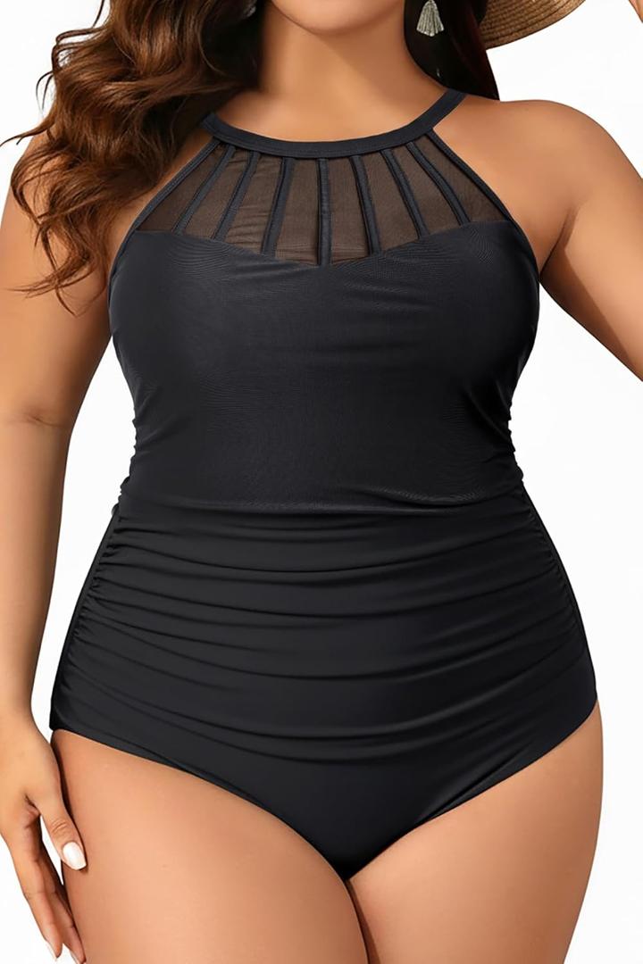 Aqua Eve Plus Size Women One Piece Swimsuit Tummy Control Bathing Suit High Neck Swimwear Black 16W XXL