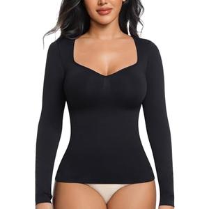 ONEW Shapewear Tummy Control Long Sleeve Shirts For Women Seamless V Neck Compression Shirt Slimming Body Shaper, L