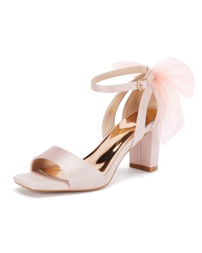 Coutgo Women's Bow Tie Heeled Sandals Chunky Heels One Strap Satin Ankle Buckle Dress Wedding Shoes, Pink, Size 8