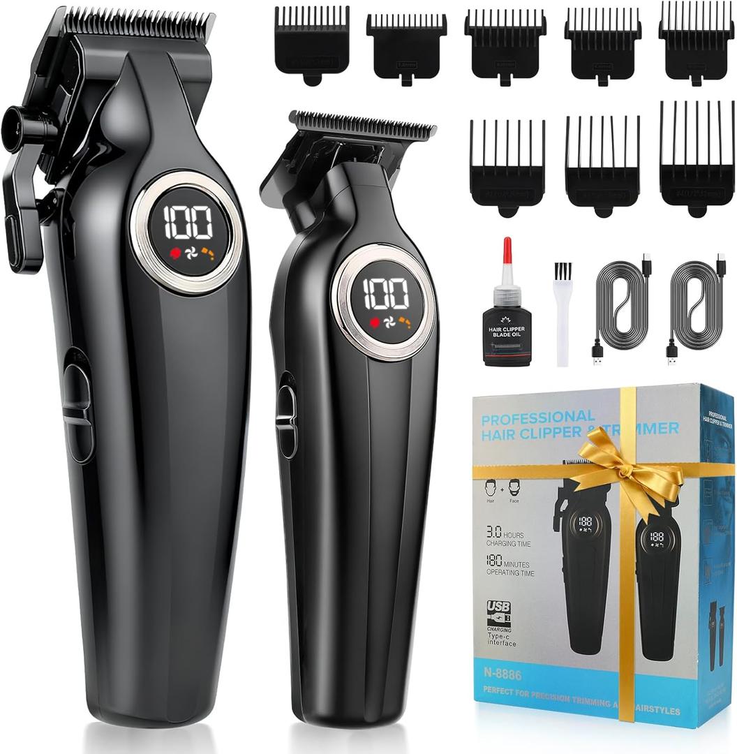 Hair Clippers for Men Professional, Cordless Barber Clippers and Trimmers Set, Electric Clippers for Hair Cutting Kit with LED Display, Gift for Men (Black1)