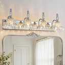 Vintage Bathroom Vanity Light, 4-Light Chrome Vanity Lighting Fixture with Flower Glass Shade, Bathroom Lighting Fixtures Over Mirror