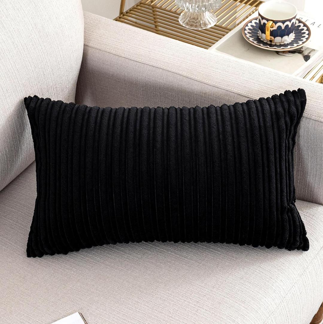 UGASA 12x24 Inch Pillow Cover Pack of 1 Soft Boho Stripe Corduroy Long Rectangular Lumbar Cushion Cover Farmhouse Decorative Throw Pillowcase for Bed, Couch, Sofa, Bedroom, Living Room, Black