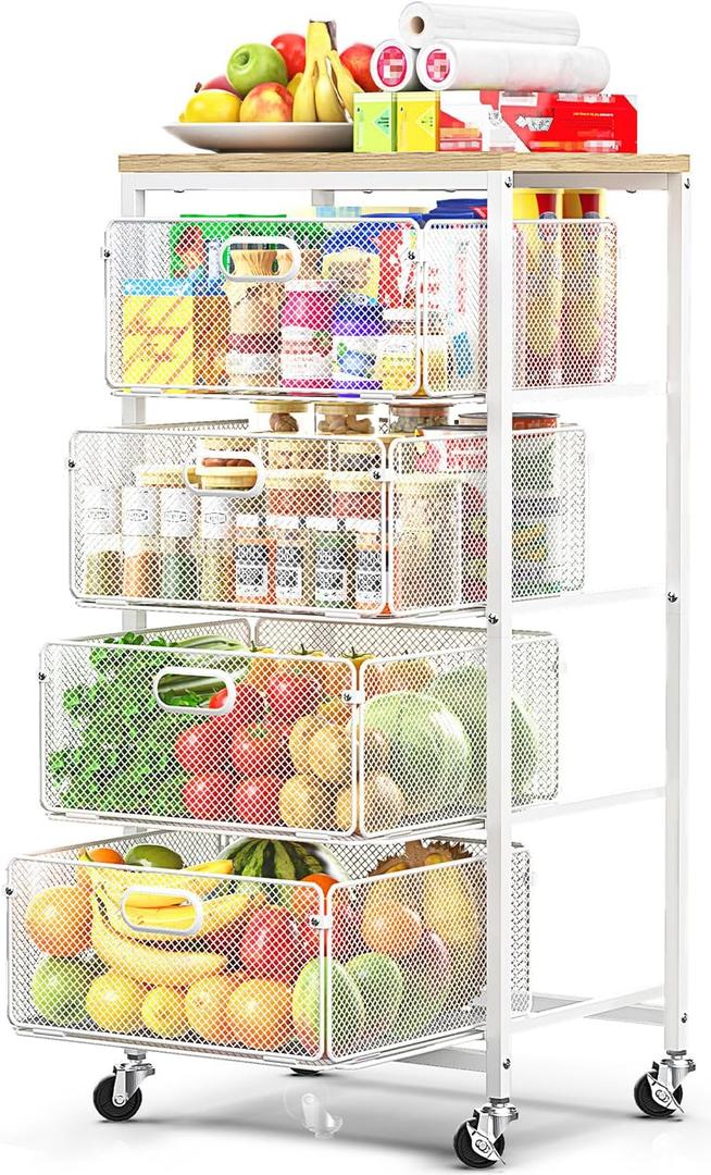 SUNALLY Rolling Kitchen Cart with Drawers, 4Tier Utility Cart Fruit Vegetable Storage Cart with Lockable Wheels, Wooden Top Metal Kitchen Storage Organizer for Cans, Snacks, Beauty, Craft, Art, White