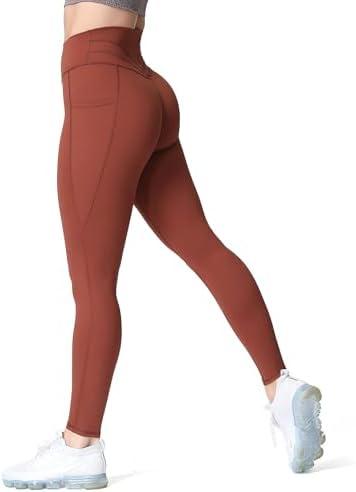 Aoxjox Trinity High Waisted Yoga Pants with Pockets for Women Tummy Control Buttery Soft Compression Workout Leggings 26" (Cherry Mahogany, XX-Small), XXS